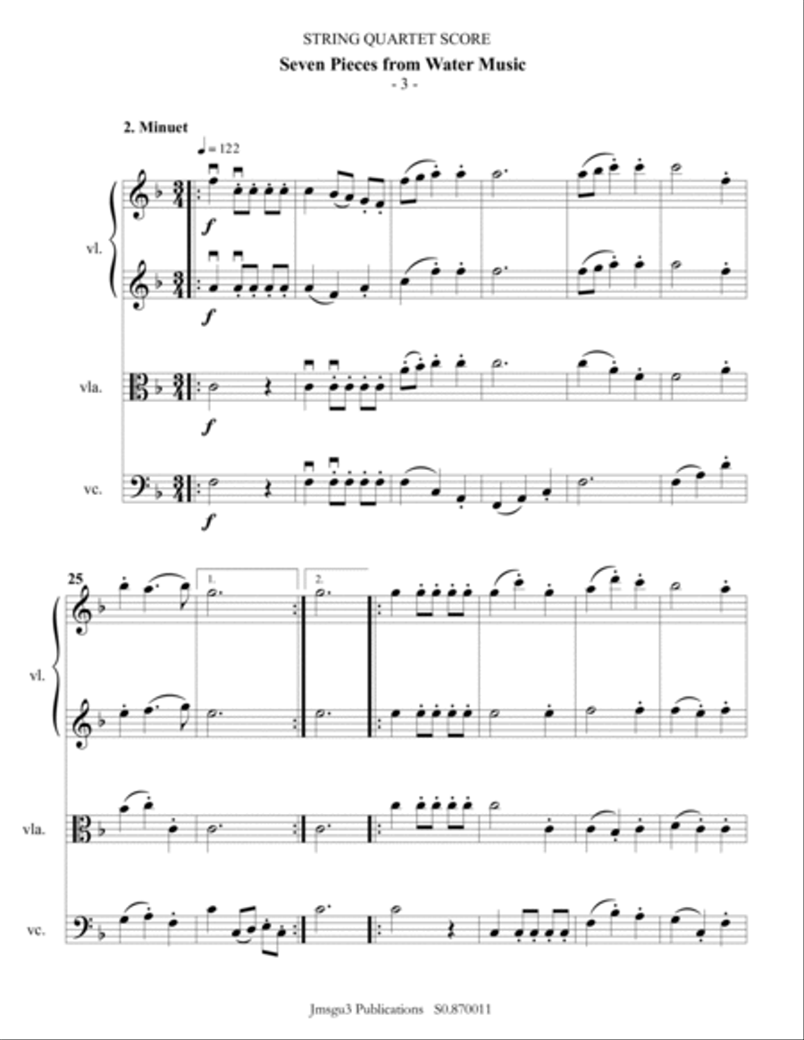 Handel: Seven Pieces from Water Music for String Quartet String Quartet scores gallery preview page 3