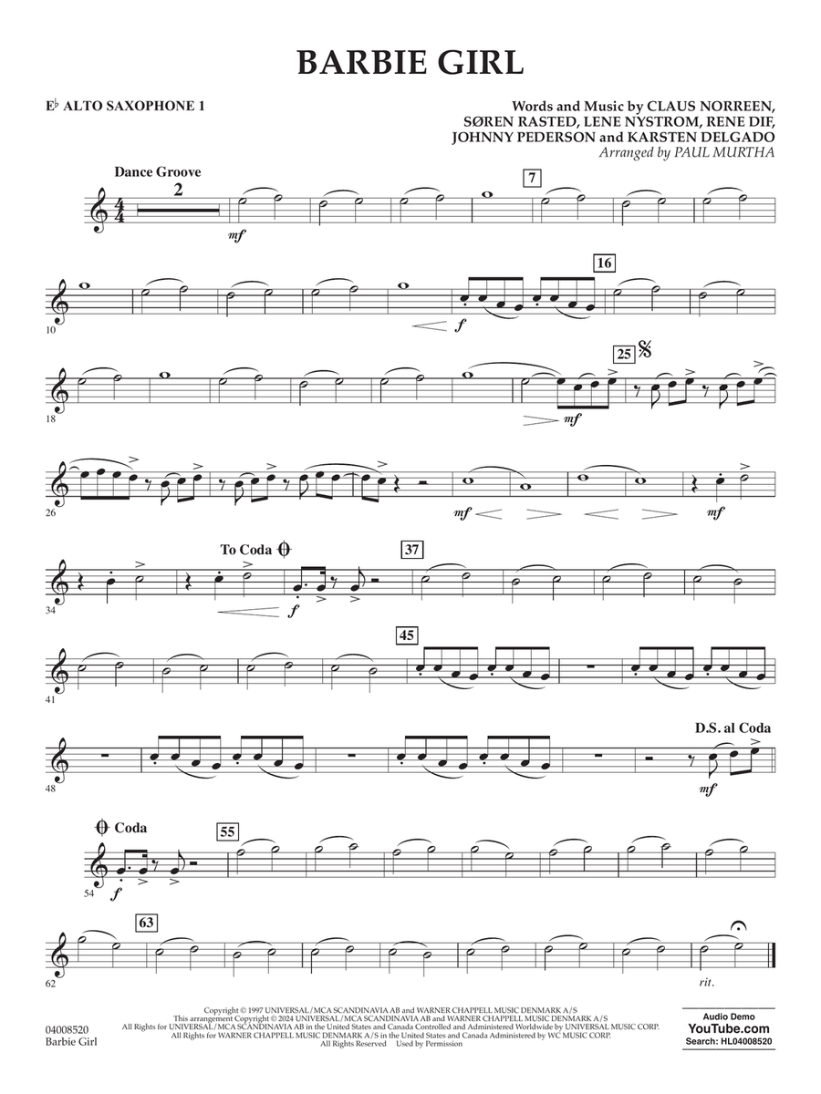 Barbie Girl (arr. Paul Murtha) - Eb Alto Saxophone 1 Concert Band scores gallery preview page 1