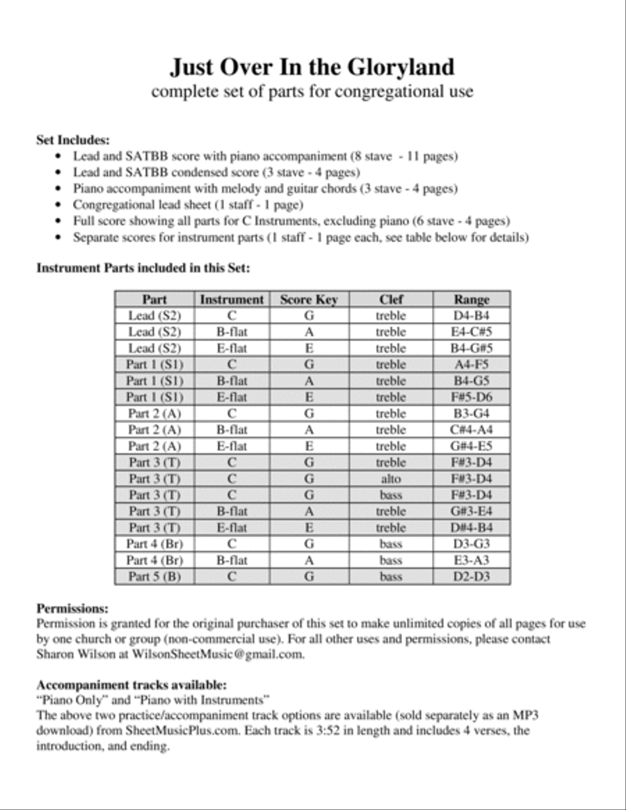 Just Over In the Gloryland - Congregational Set (for Lead, SATBB choir, Piano, and Ensemble) Choir scores gallery preview page 2