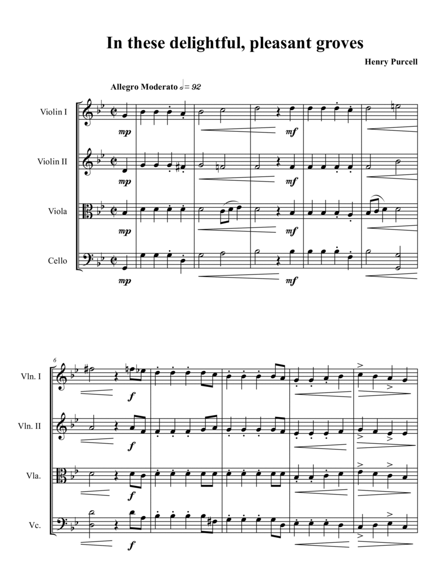 In These Delightful, Pleasant Groves by Henry Purcell for string quartet String Quartet scores gallery preview page 1