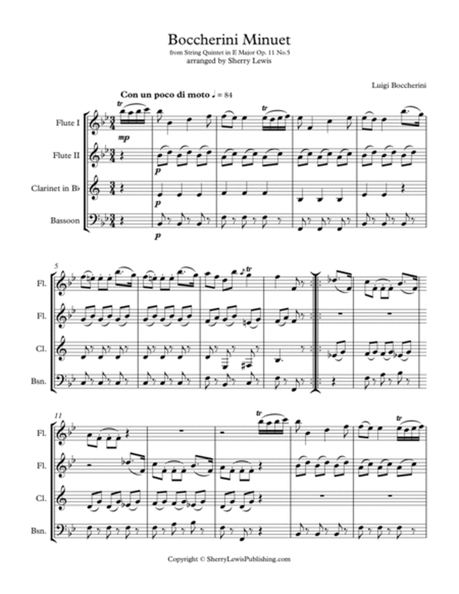 BOCCHERINI MINUET - (Minuet Op. 11 No. 5) for Woodwind Quartet, Intermediate Level for 2 flutes, cla image number null