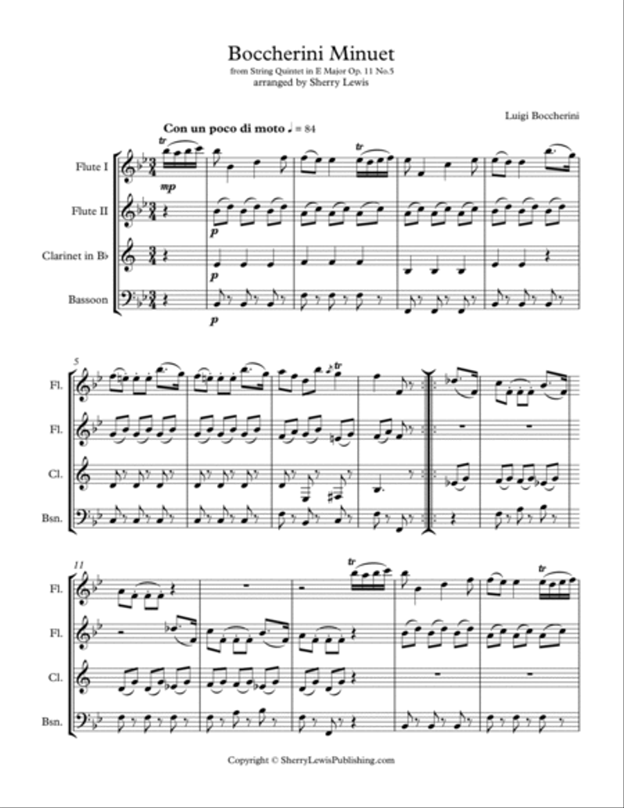 BOCCHERINI MINUET - (Minuet Op. 11 No. 5) for Woodwind Quartet, Intermediate Level for 2 flutes, cla Woodwind Quartet scores gallery preview page 4