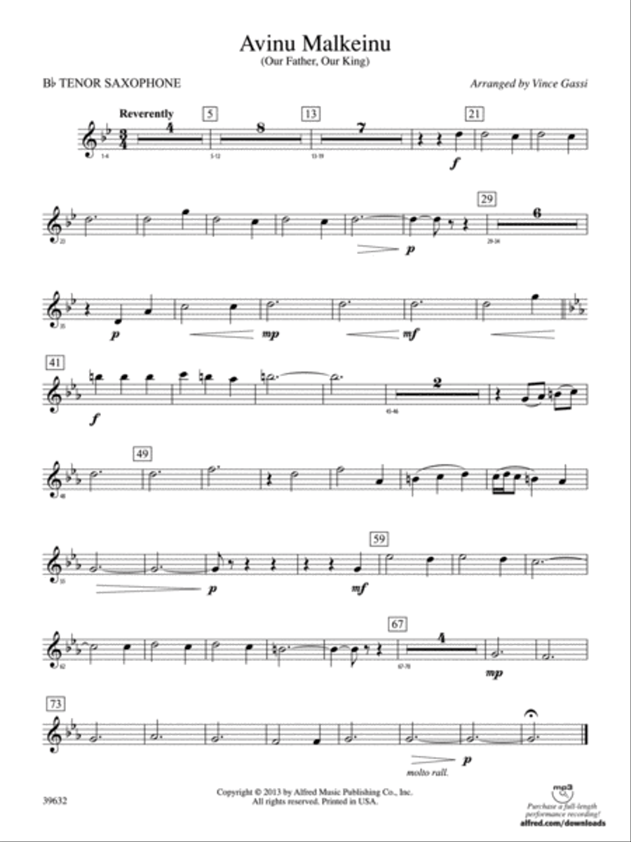 Avinu Malkeinu: B-flat Tenor Saxophone Concert Band scores gallery preview page 1