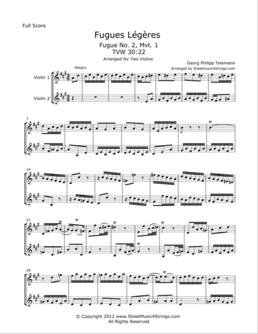 Telemann G. - Fugues Legeres for Two Violins String Duet scores gallery preview page 1