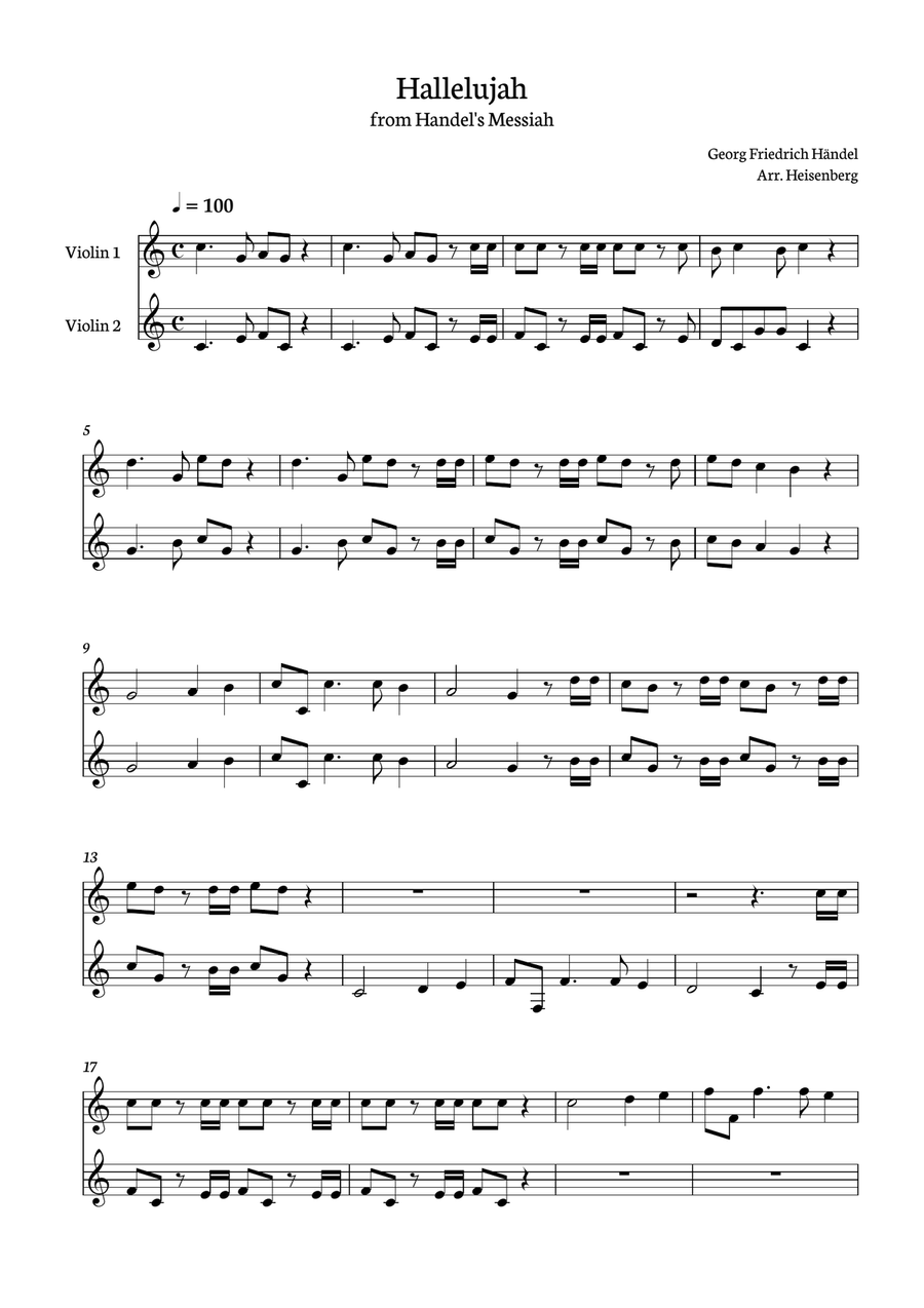 Hallelujah from Handel's Messiah for violin duo String Duet scores gallery preview page 1