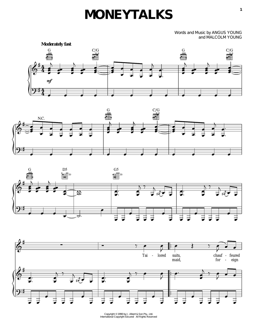 Moneytalks Piano, Vocal, Guitar scores gallery preview page 1