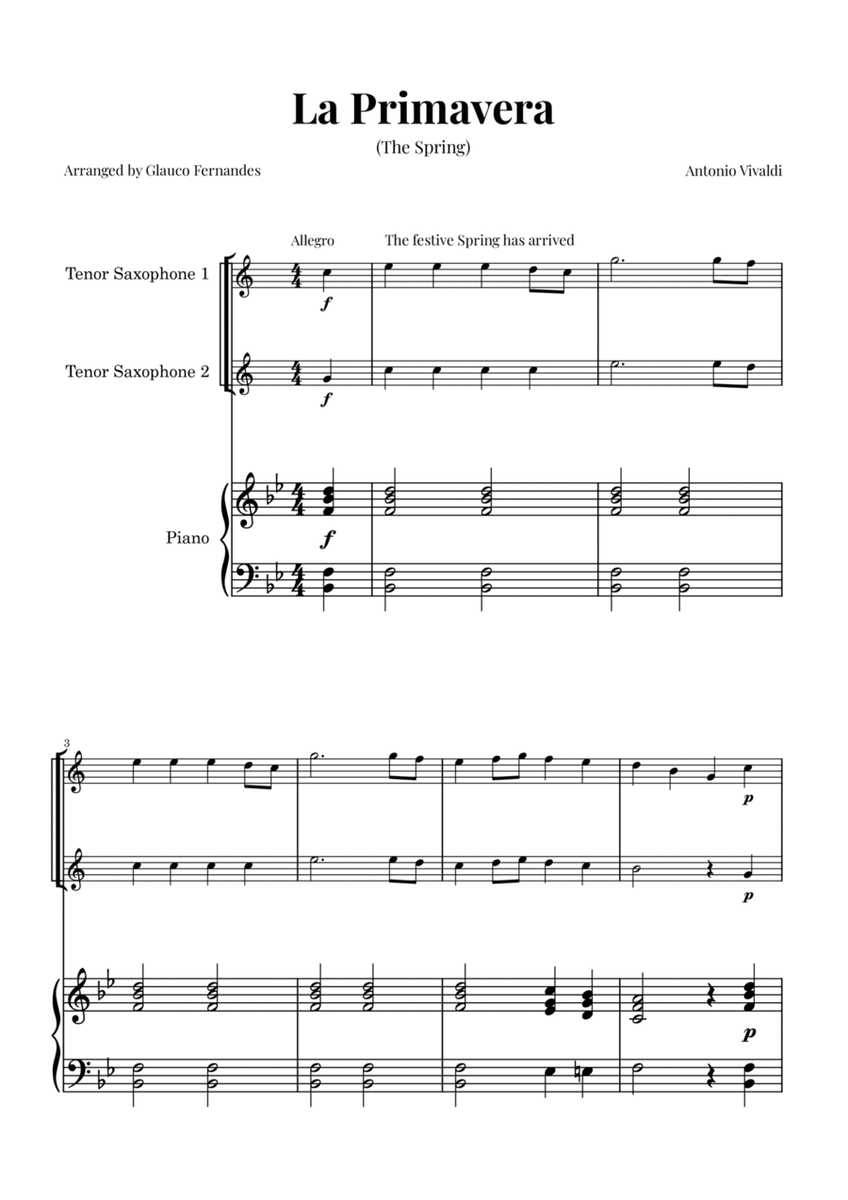 La Primavera (The Spring) by Vivaldi - Tenor Saxophone Duet and Piano image number null
