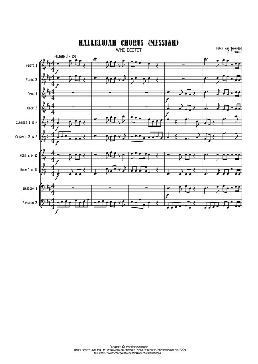 Handel: Messiah (Der Messias) Hallelujah Chorus (original key of D) - wind dectet Large Ensemble scores gallery preview page 1