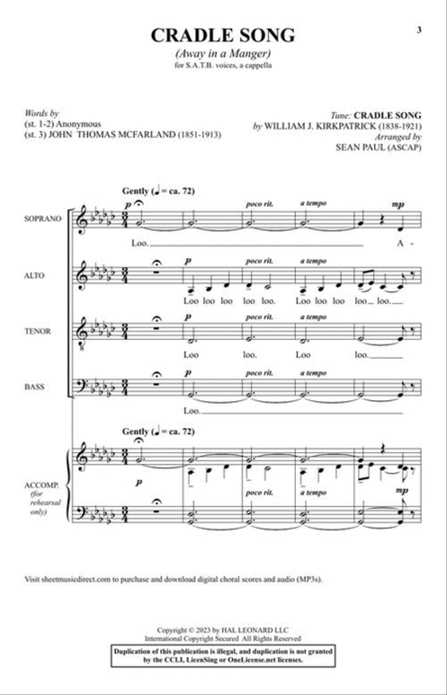 Cradle Song (Away in a Manger) 4-Part scores gallery preview page 3