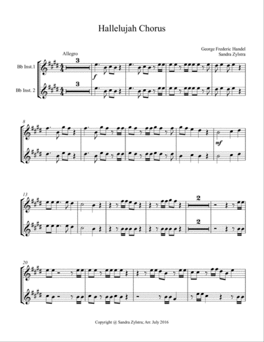 Hallelujah Chorus (treble Bb instrument duet, parts only) Choir scores gallery preview page 1
