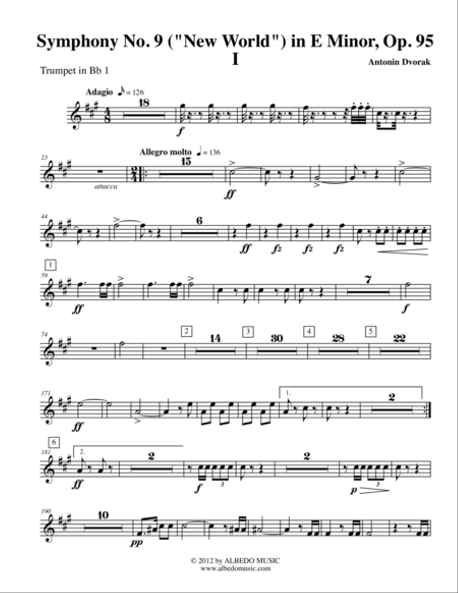 Dvorak Symphony No. 9, New World, Movement I - Trumpet in Bb 1 (Transposed Part), Op.95 B-Flat Trumpet scores gallery preview page 1