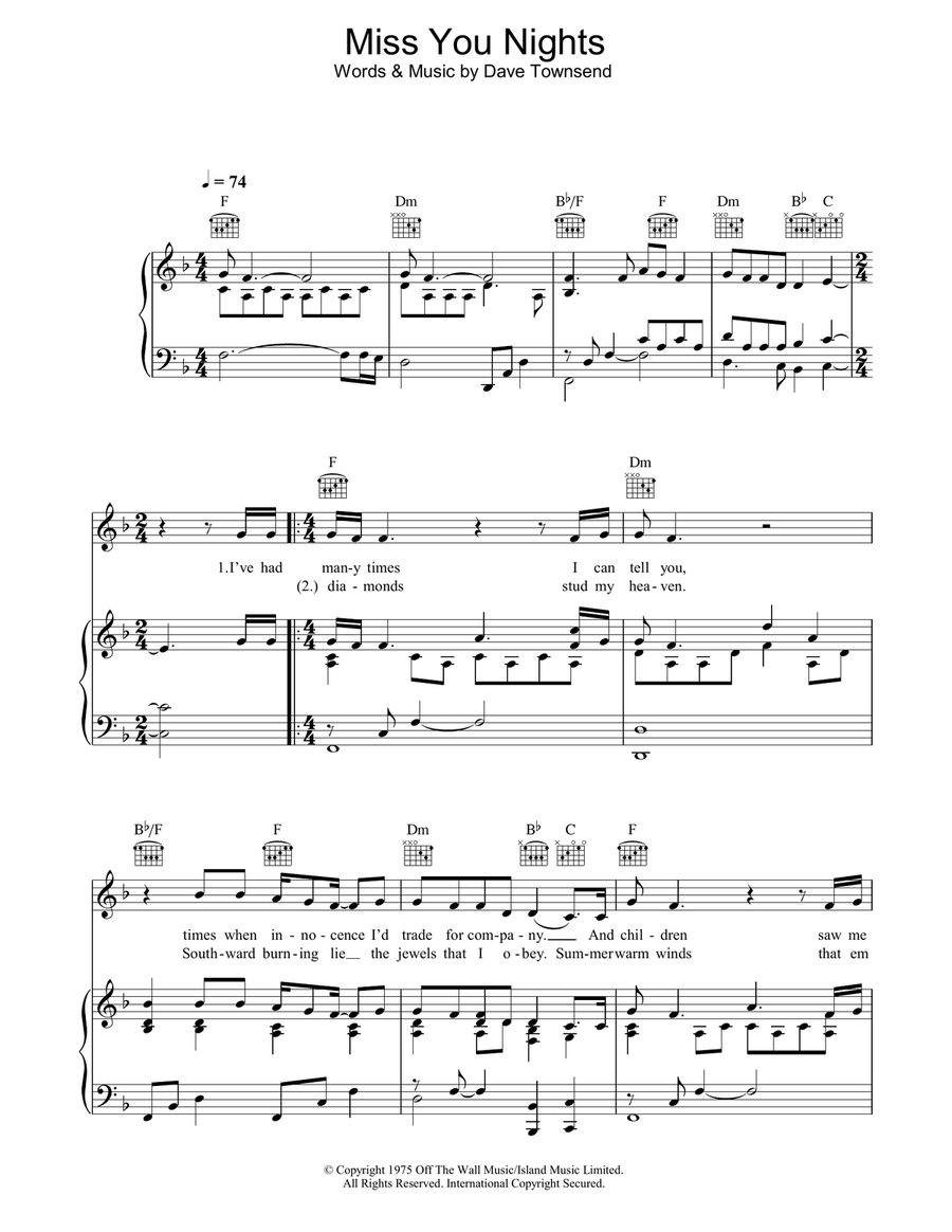 Miss You Nights Miss You Nights Piano, Vocal, Guitar scores gallery preview page 1
