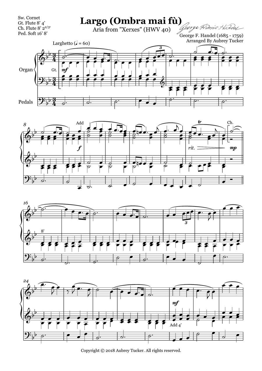 Organ: Largo (Ombra mai fù) Aria from Xerxes (HWV 40) - George F. Handel Organ Solo scores gallery preview page 2