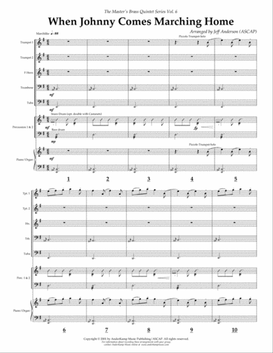 When Johnny Comes Marching Home for brass quintet Brass Quintet scores gallery preview page 1