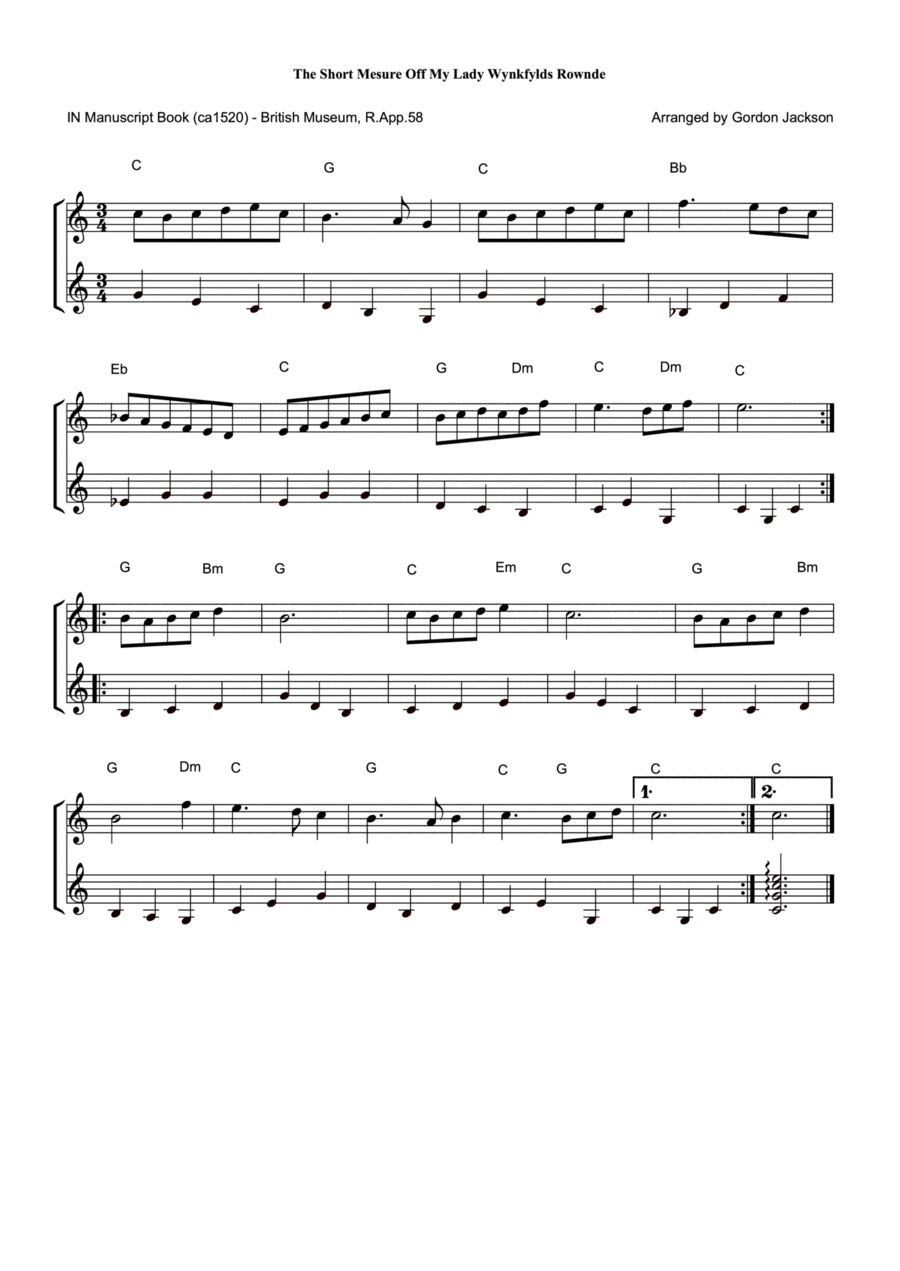 The short mesure off my Lady Wynkfylds rownde Large Ensemble scores gallery preview page 1