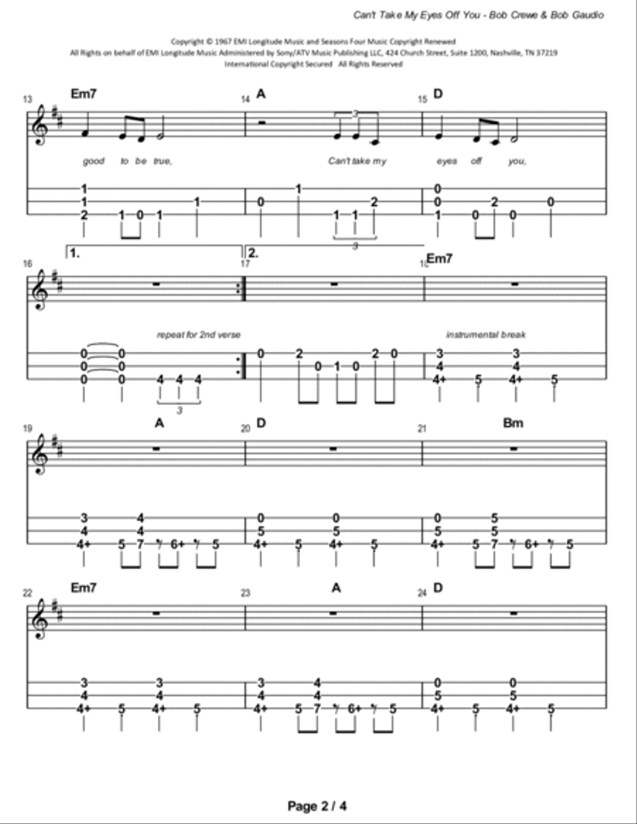 Can't Take My Eyes Off Of You Dulcimer scores gallery preview page 3