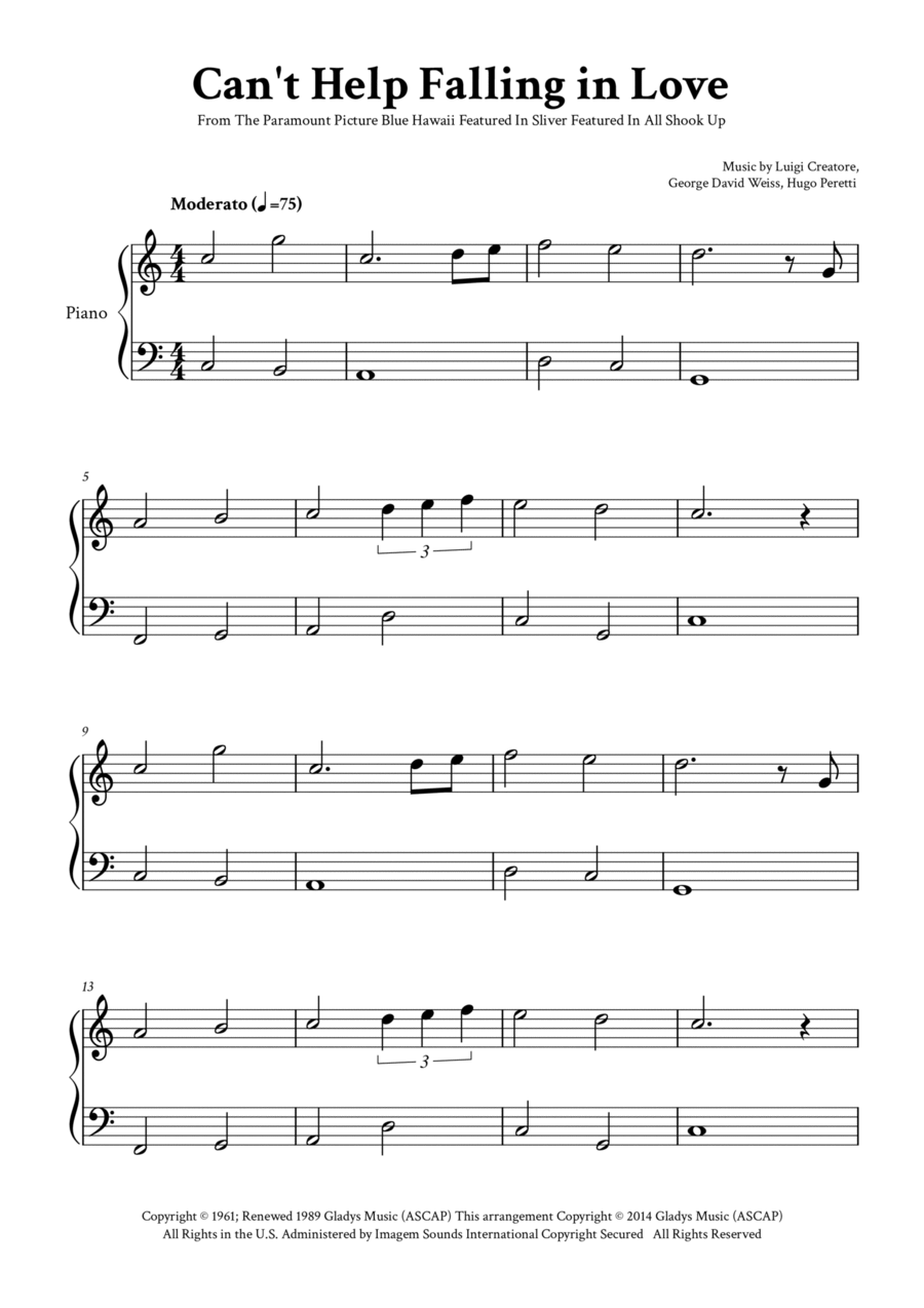 Can't Help Falling In Love Easy Piano scores gallery preview page 1