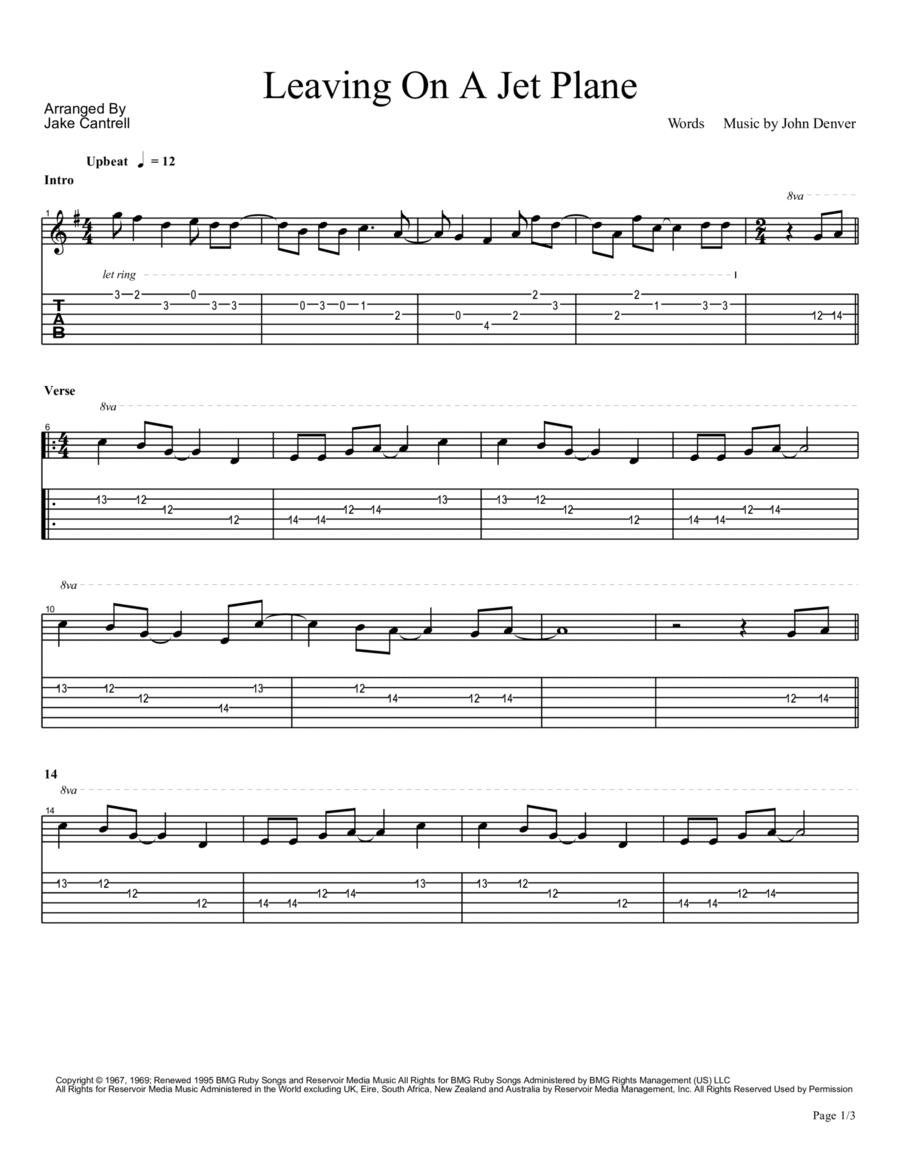 Leaving On A Jet Plane Leaving On A Jet Plane Guitar Tablature scores gallery preview page 1