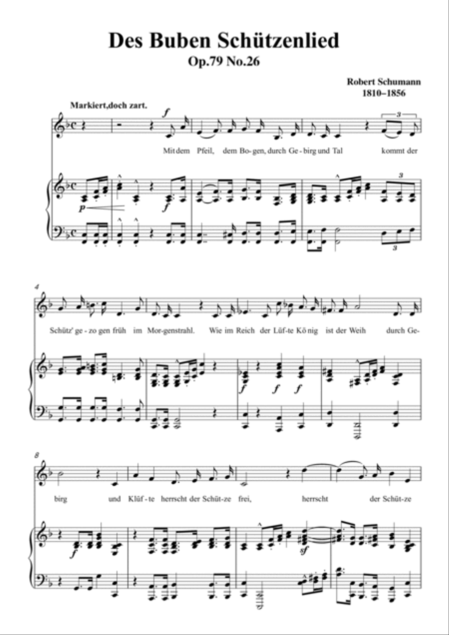 Schumann-Des Buben Schützenlied in F Major,Op.79,No.26 for Voice and Piano Voice Solo scores gallery preview page 2