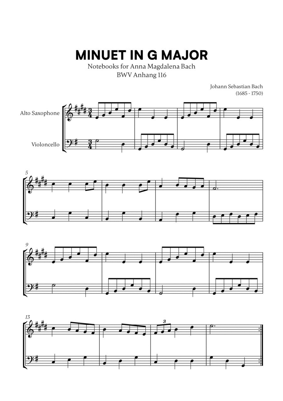 Minuet in G Major (BWV Anh. 116) (for Alto Sax and Cello) Alto Saxophone scores gallery preview page 1
