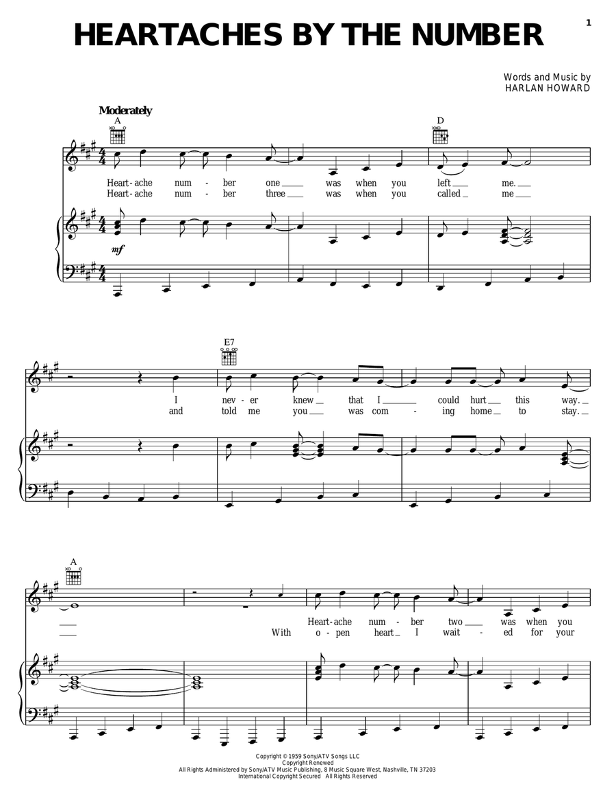 Heartaches By The Number Piano, Vocal, Guitar scores gallery preview page 1
