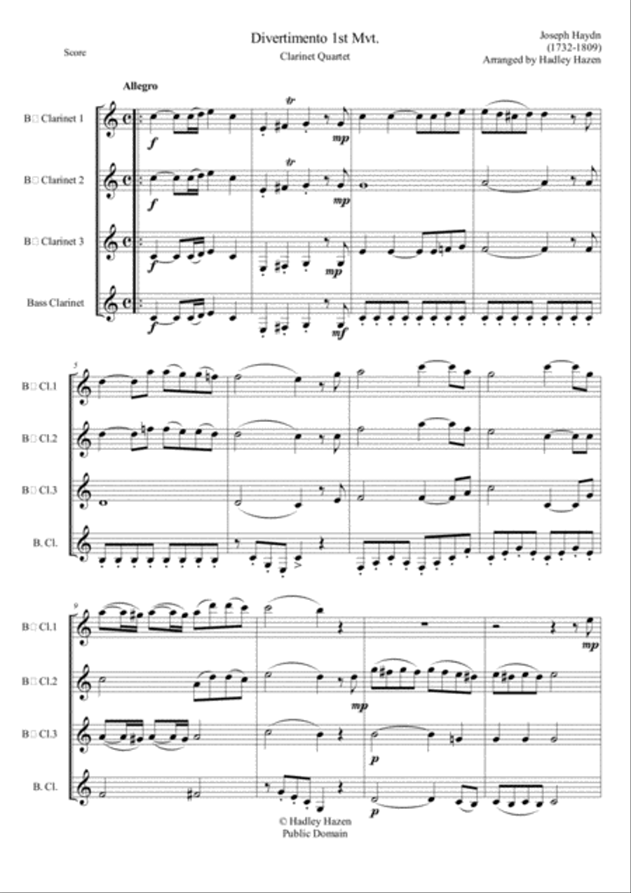 Divertimento Mtv. 1 in Bb for Clarinet Quartet Clarinet Quartet scores gallery preview page 1