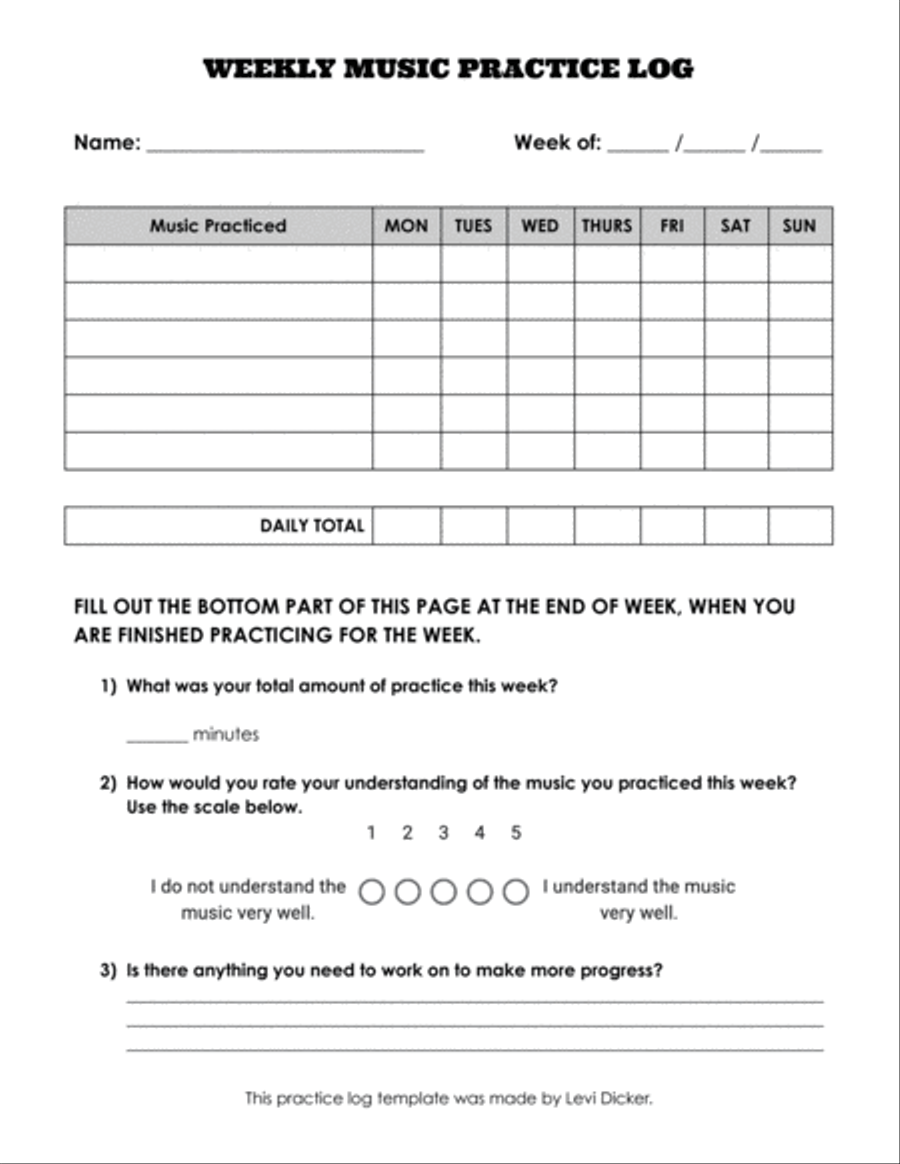 Weekly Music Practice Log Template Small Ensemble scores gallery preview page 1