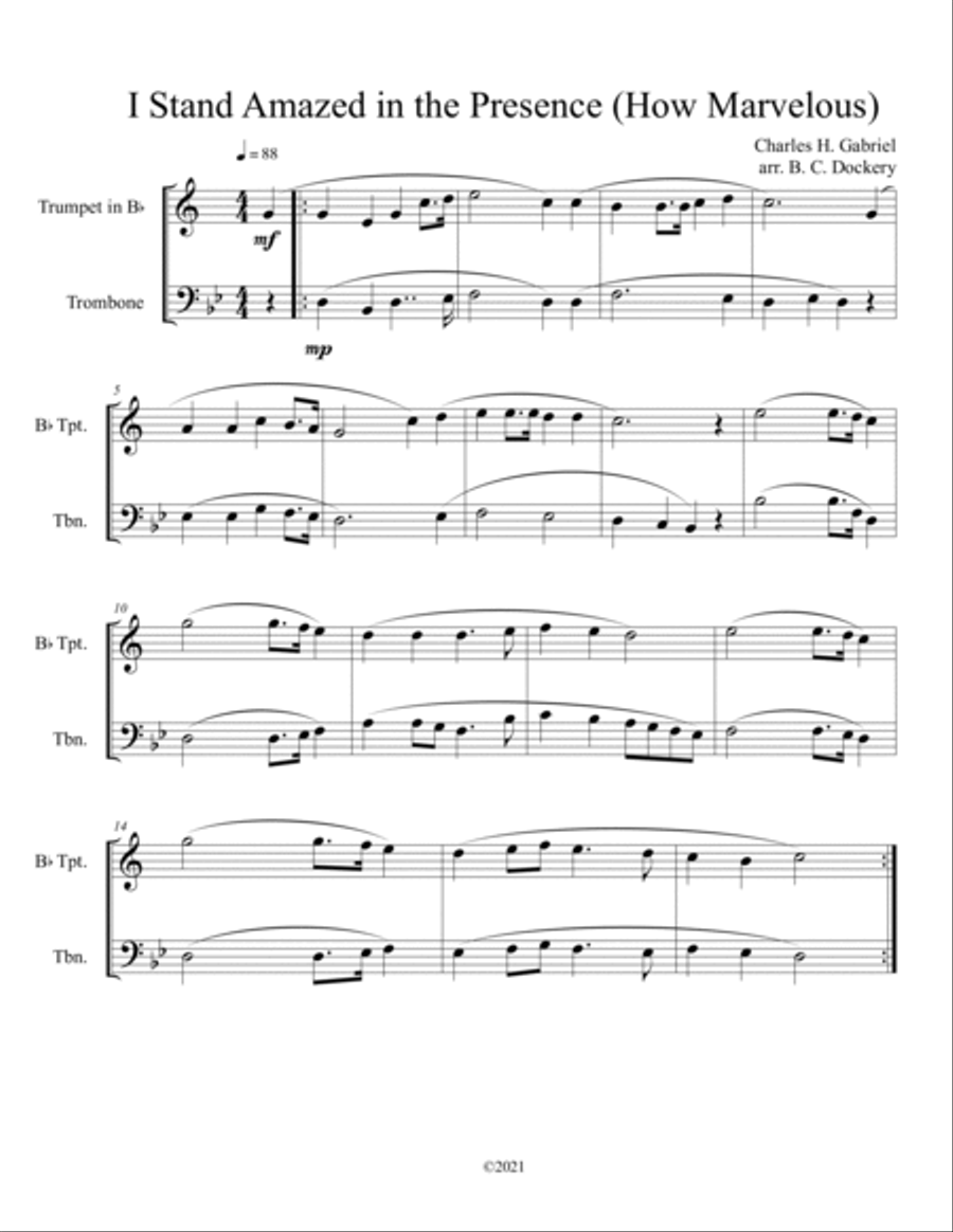 I Stand Amazed in the Presence (How Marvelous) for trumpet and trombone duet Brass Duet scores gallery preview page 1