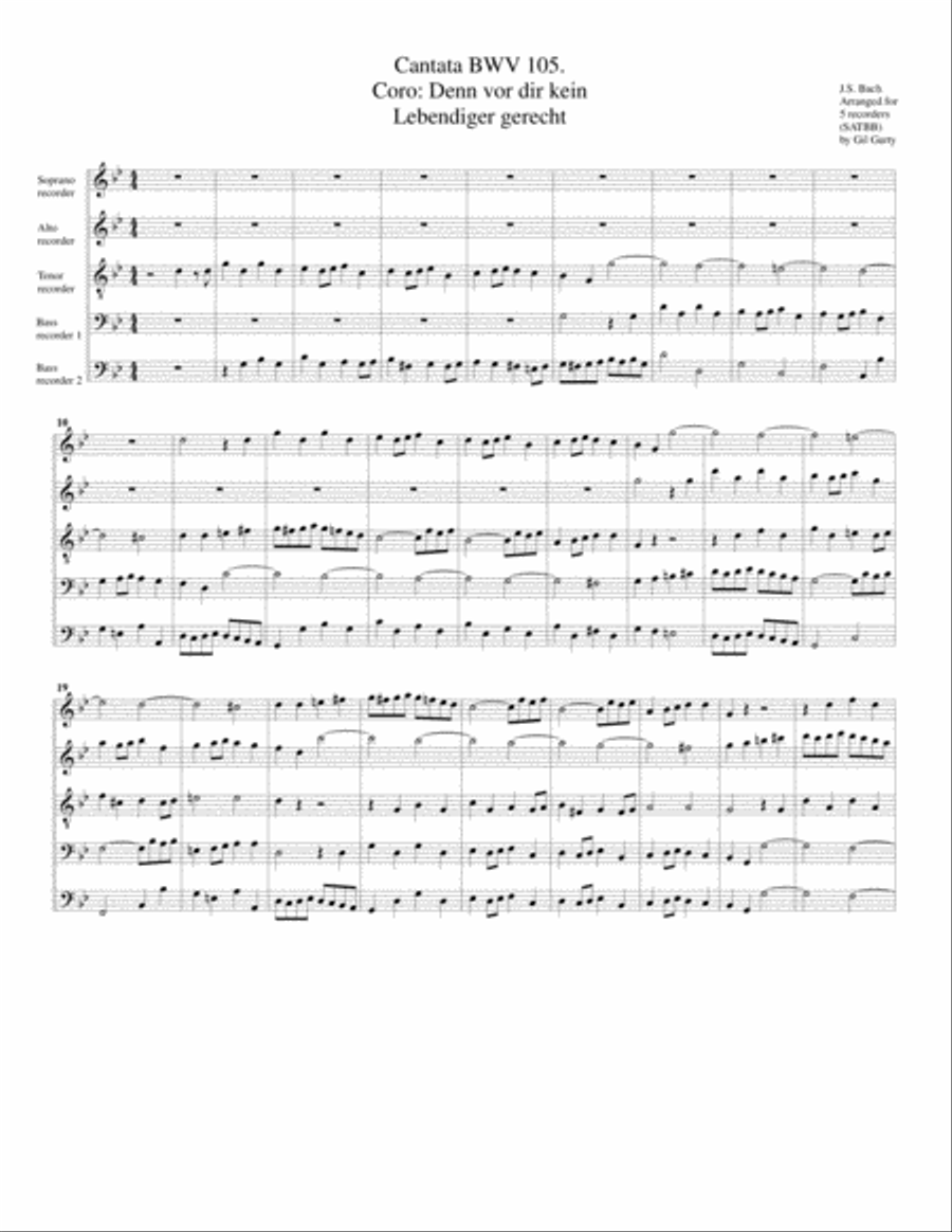 Coro: Denn vor dir wird kein Lebendiger gerecht from Cantata BWV 105 (arrangement for 5 recorders) Recorder scores gallery preview page 1