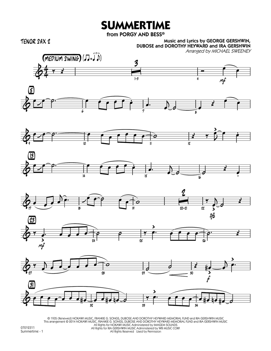 Summertime (from Porgy and Bess) - Tenor Sax 2 Jazz Ensemble scores gallery preview page 1