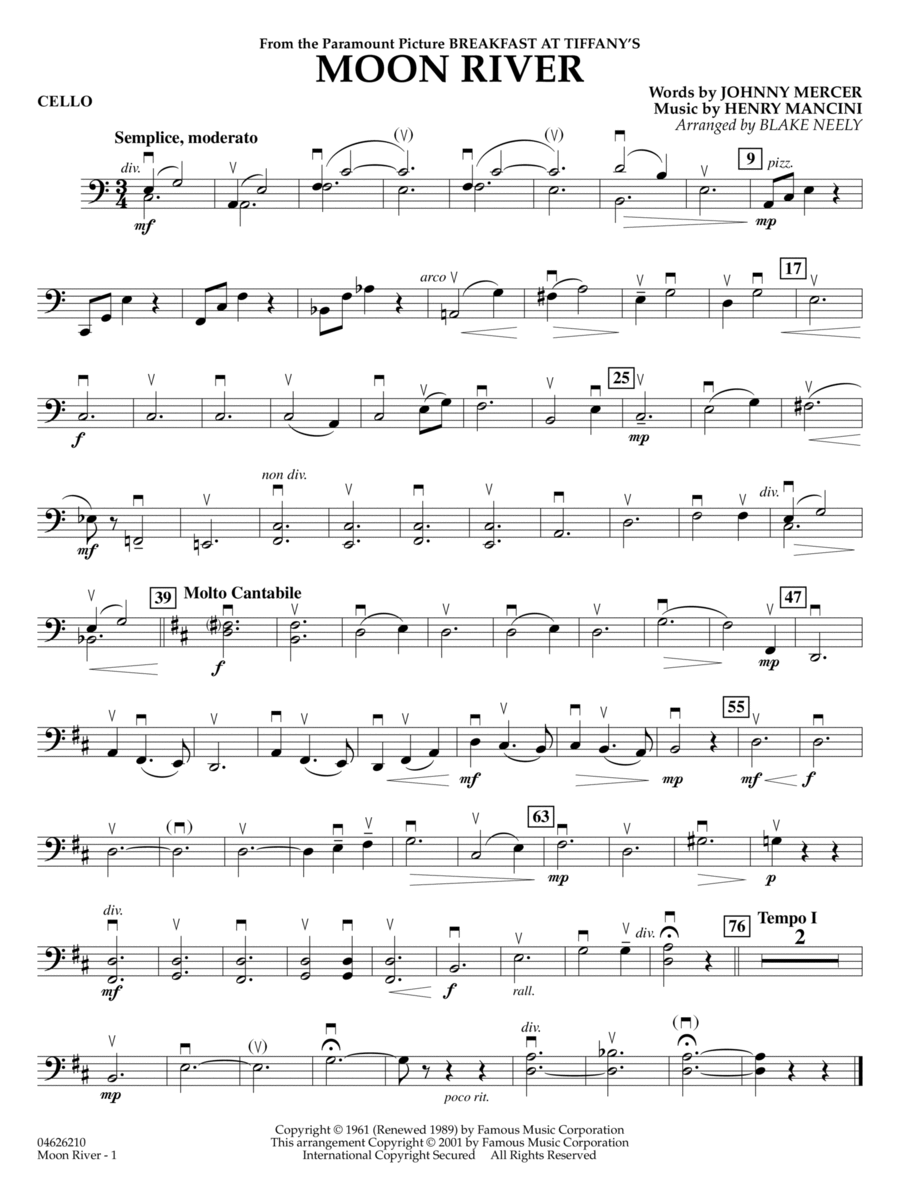 Moon River (from Breakfast at Tiffany's) (arr. Blake Neely) - Cello String Orchestra scores gallery preview page 1