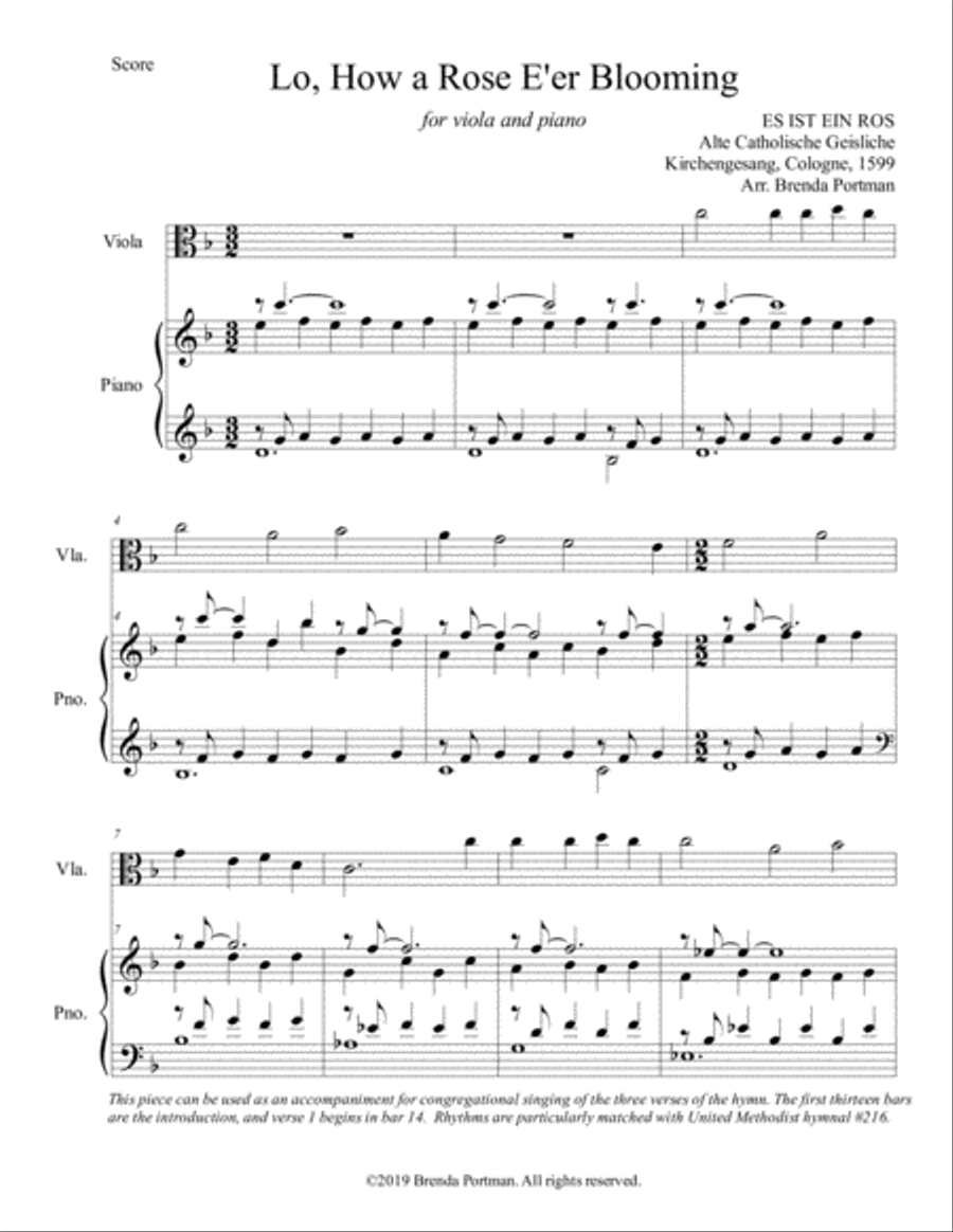 Lo, How a Rose E'er Blooming (viola/piano), arr. Brenda Portman Viola scores gallery preview page 1