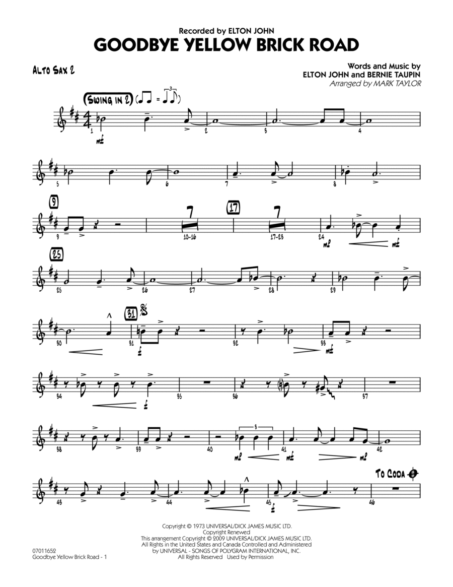 Goodbye Yellow Brick Road - Alto Sax 2 Alto Saxophone scores gallery preview page 1