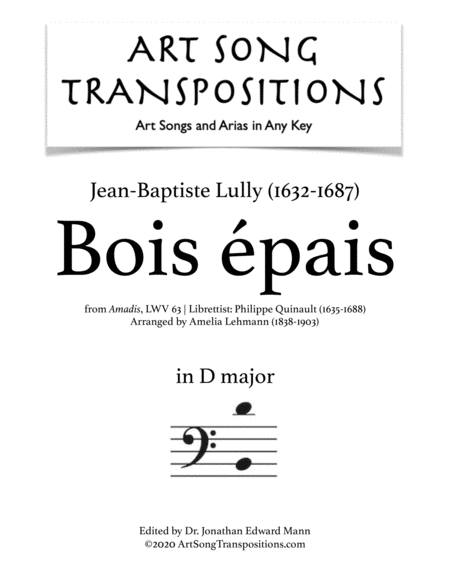 LULLY: Bois épais (transposed to D major, bass clef)