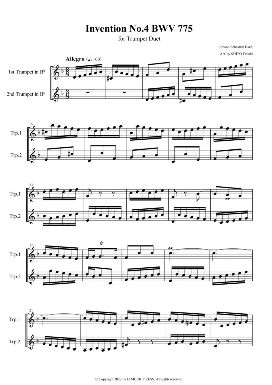 Book cover for Invention No.4 BWV 775 for Trumpet Duet