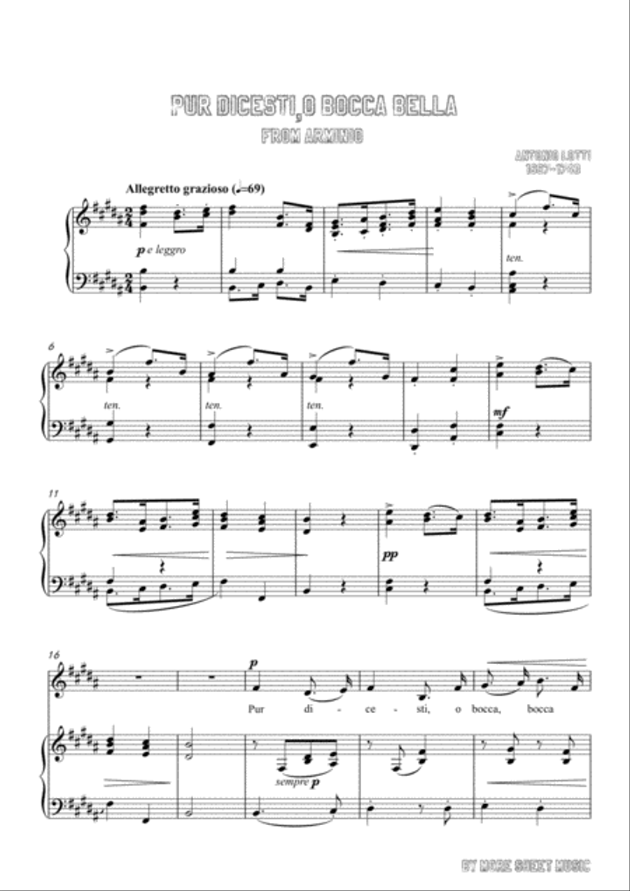 Lotti-Pur dicesti,o bocca bella in B Major,for Voice and Piano Voice Solo scores gallery preview page 3