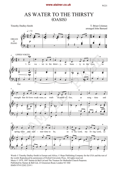 As water to the thirsty. SATB & Org or Piano