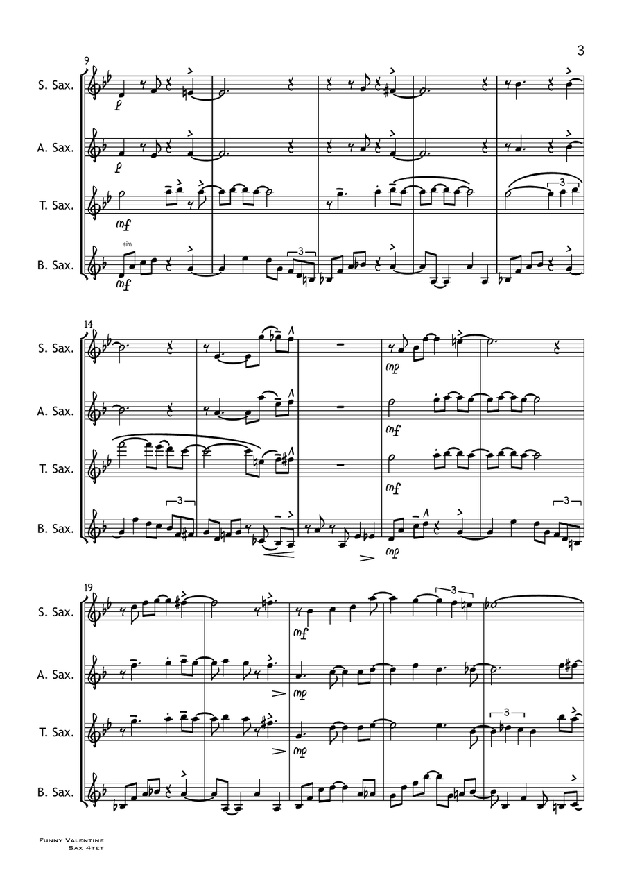 My Funny Valentine Saxophone Quartet scores gallery preview page 3