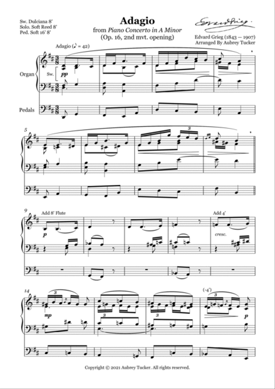Organ: Adagio from Piano Concerto in A Minor (Op. 16, 2nd mvt. opening) - Edvard Grieg Piano scores gallery preview page 2