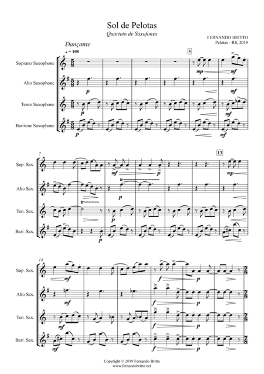 Sol de Pelotas, versão para Quarteto de Saxofones Woodwind Quartet scores gallery preview page 4