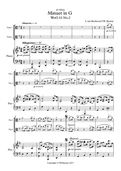 Beethoven - Minuet in G - 2nd. Viola Part & New Piano Part- Suzuki Bk.2