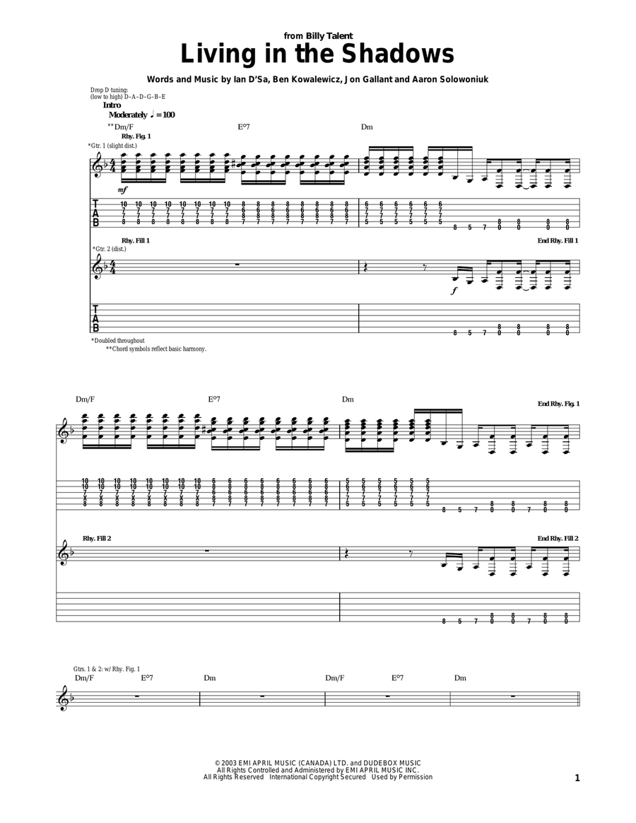 Living In The Shadows Electric Guitar scores gallery preview page 1