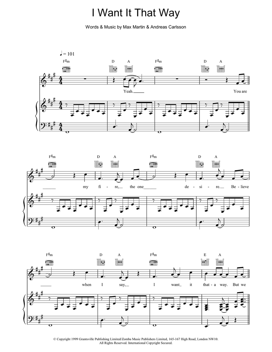 I Want It That Way Piano, Vocal, Guitar scores gallery preview page 1