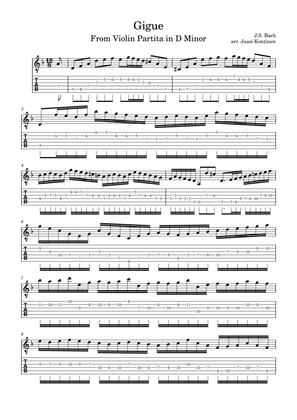 J.S. Bach: Gigue (From Violin Partita in D Minor BWV 1004) fingered for Electric Guitar