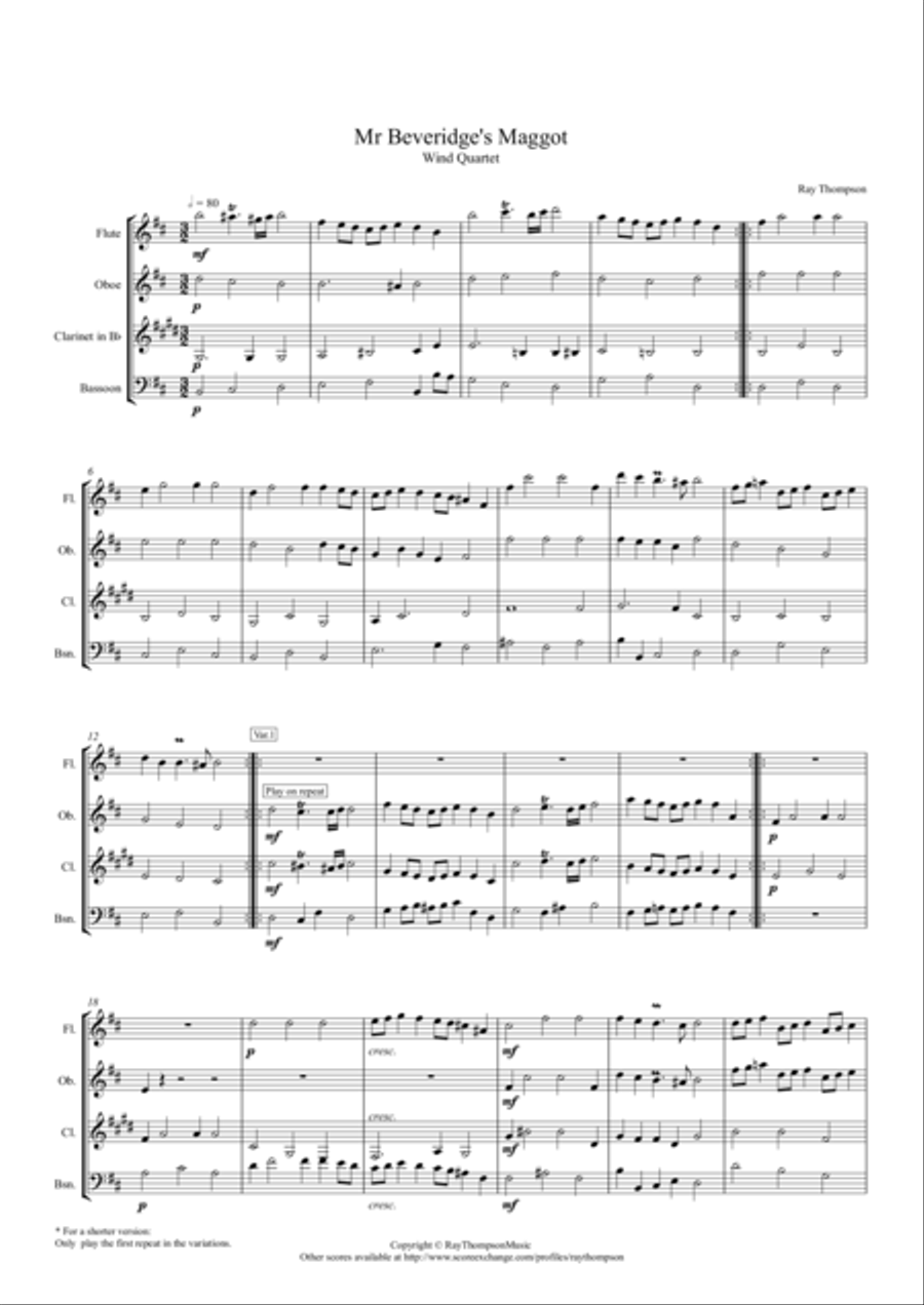 Mr Beveridge's Maggot (Theme and Variations) - wind quartet Woodwind Quartet scores gallery preview page 1