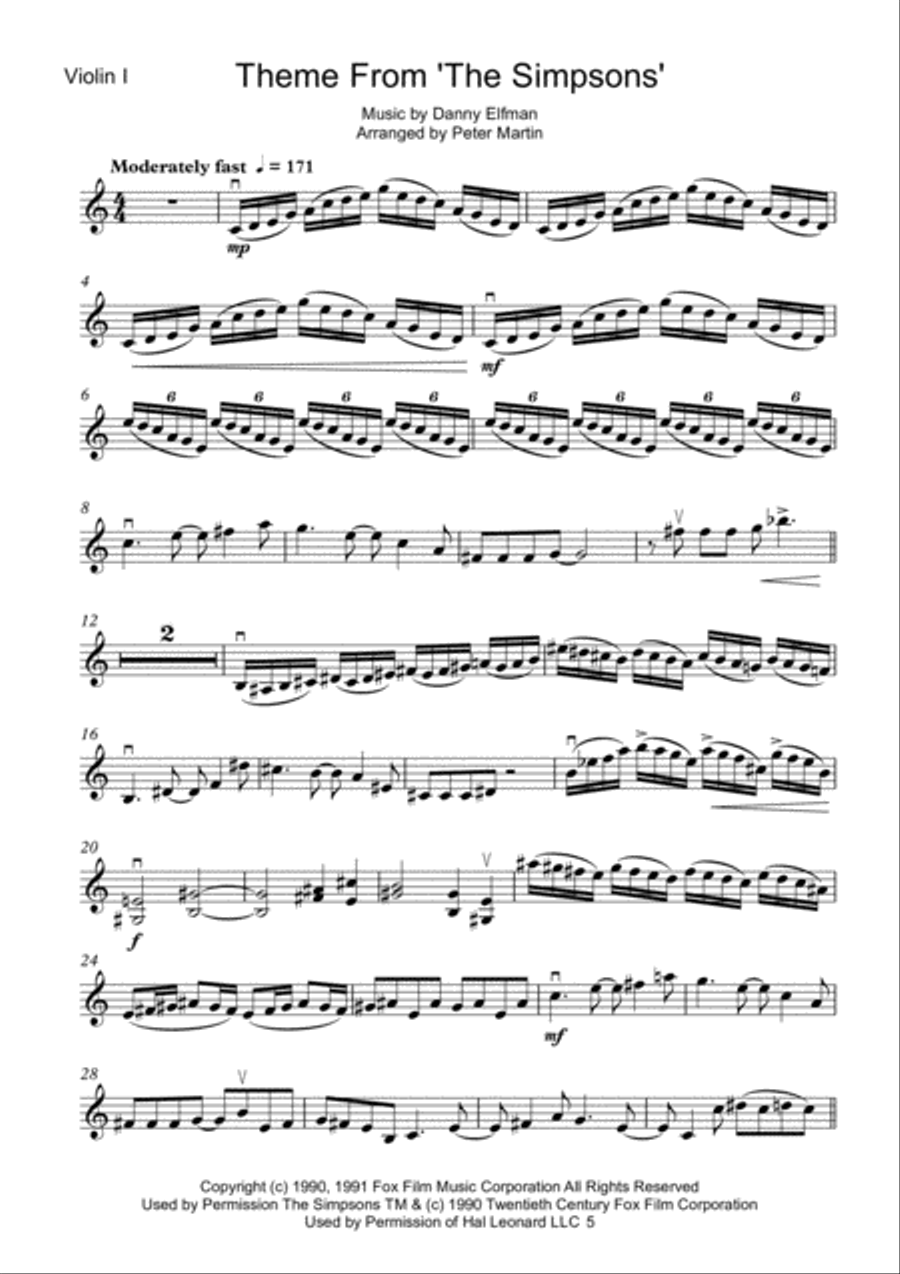 Theme From The Simpsons TM from the Twentieth Century Fox Television Series THE SIMPSONS String Quartet scores gallery preview page 3