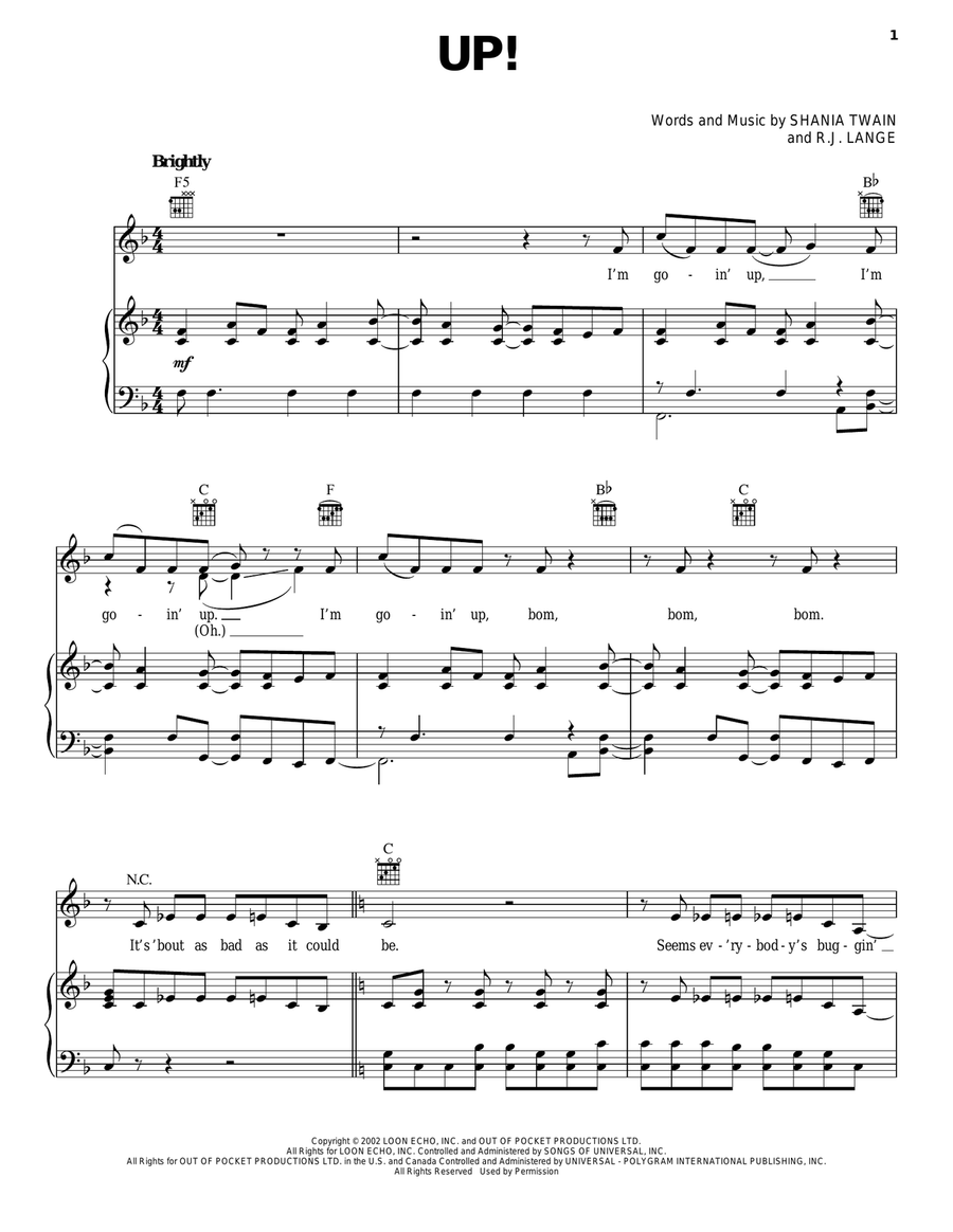 Up! Piano, Vocal, Guitar scores gallery preview page 1