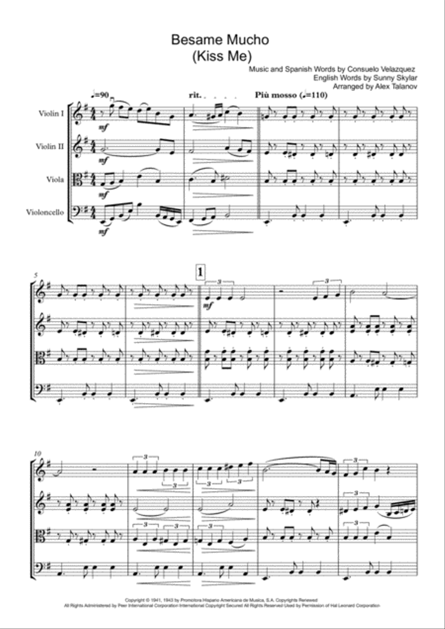 Besame Mucho (Kiss Me Much) String Quartet scores gallery preview page 2
