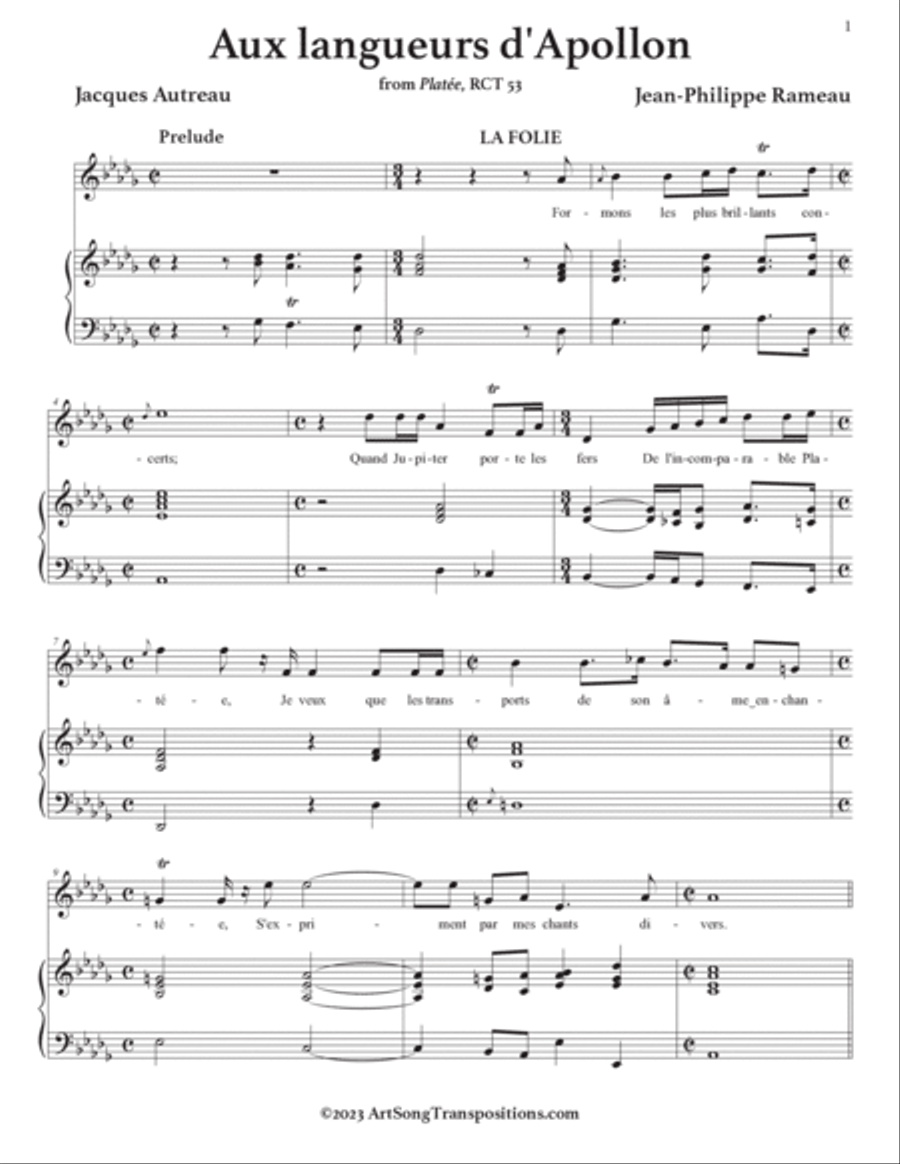 RAMEAU: Aux langueurs d’Apollon (transposed to D-flat major, and C major) Voice scores gallery preview page 2
