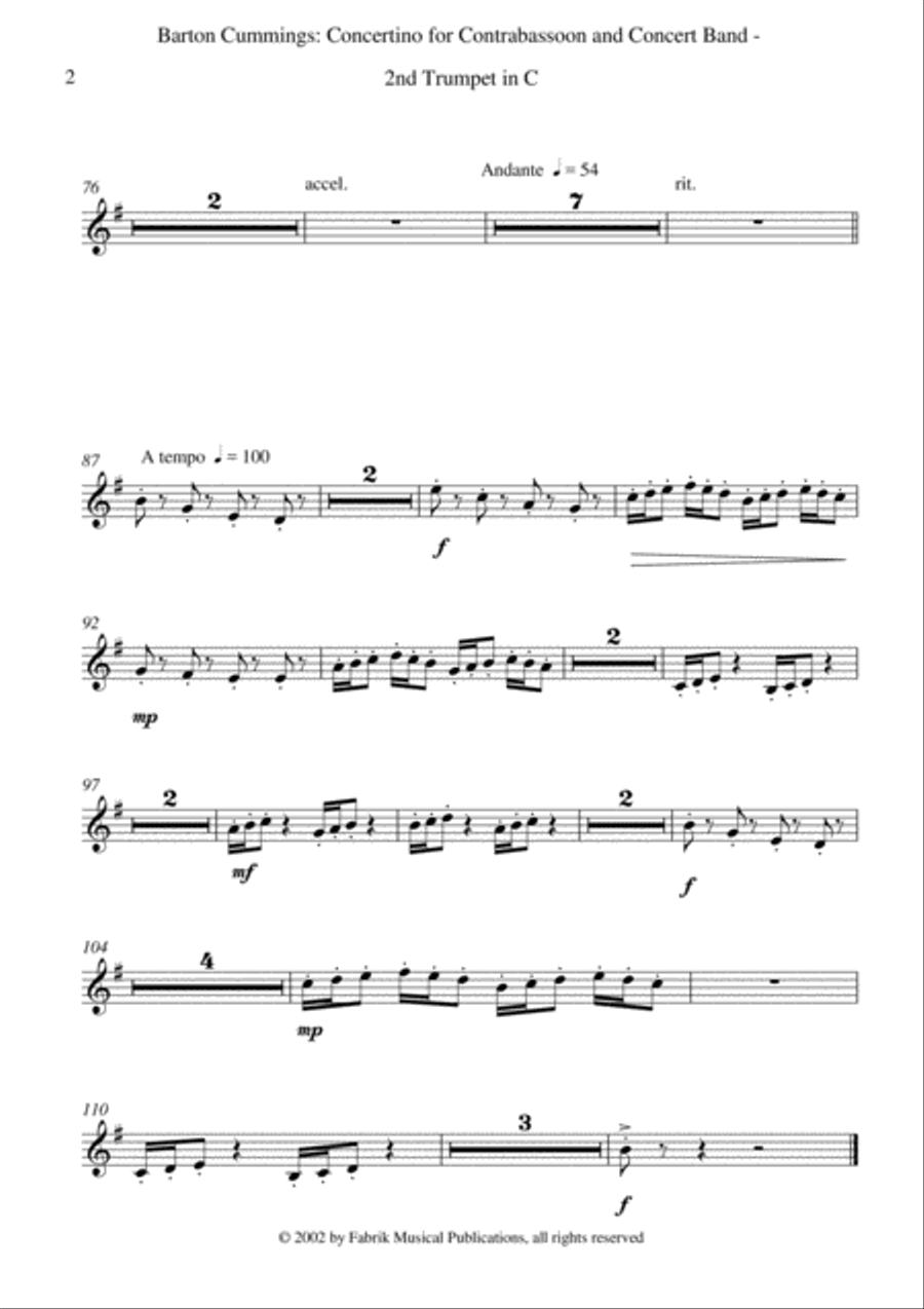 Barton Cummings: Concertino for contrabassoon and concert band, 2nd C trumpet part Concert Band scores gallery preview page 2